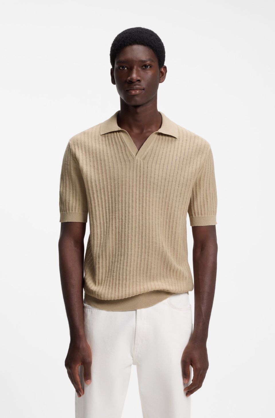 Johnny-collar knit polo in a cotton-linen jacquard