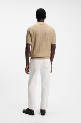 Johnny-collar knit polo in a cotton-linen jacquard, Beige