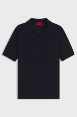 Johnny-collar knit polo in a cotton-linen jacquard, Dark Blue