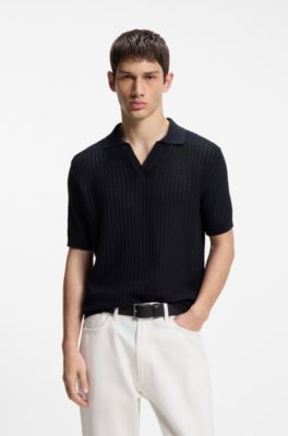 Johnny-collar knit polo in a cotton-linen jacquard, Dark Blue