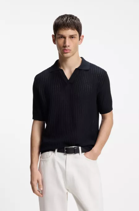 Johnny-collar knit polo in a cotton-linen jacquard