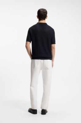 Johnny-collar knit polo in a cotton-linen jacquard, Dark Blue