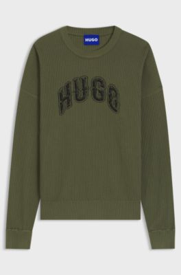Oversized-fit sweater in ribbed cotton with varsity logo, Olive