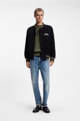 Oversized-fit sweater in ribbed cotton with varsity logo, Olive