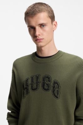 Oversized-fit sweater in ribbed cotton with varsity logo, Olive