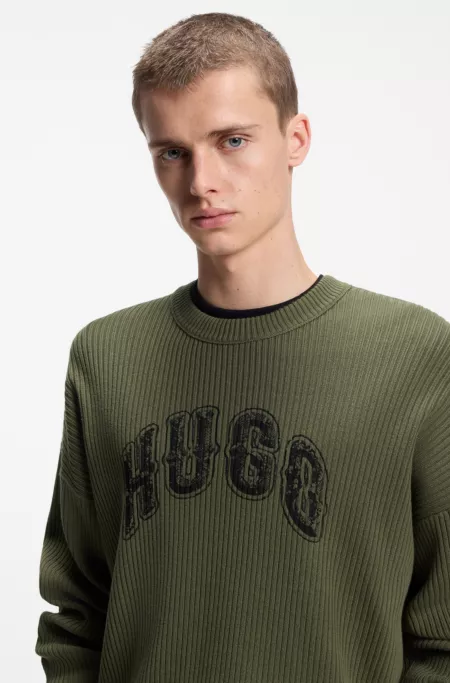 Oversized-fit sweater in ribbed cotton with varsity logo