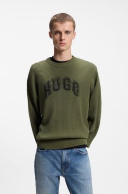 Oversized-fit sweater in ribbed cotton with varsity logo, Olive