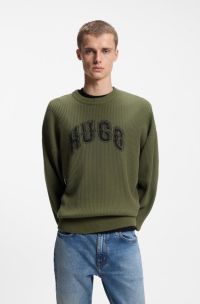 Oversized-fit sweater in ribbed cotton with varsity logo, Olive
