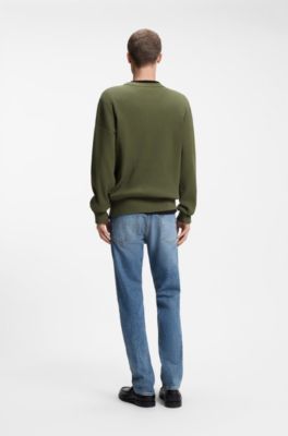 Oversized-fit sweater in ribbed cotton with varsity logo, Olive