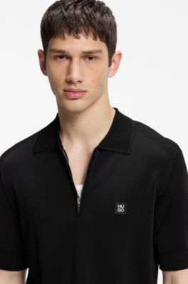 Knit polo with zipped neck, Black
