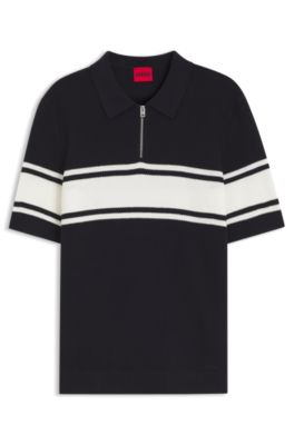 Zip-neck knit polo with block stripes, White / Dark Blue