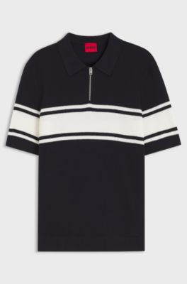 Zip-neck knit polo with block stripes, White / Dark Blue