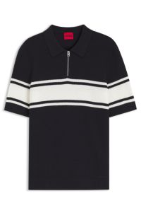 Zip-neck knit polo with block stripes, White / Dark Blue