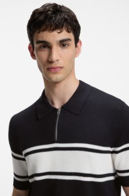 Zip-neck knit polo with block stripes, White / Dark Blue