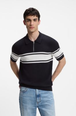 Zip-neck knit polo with block stripes, White / Dark Blue