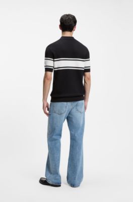 Zip-neck knit polo with block stripes, White / Dark Blue