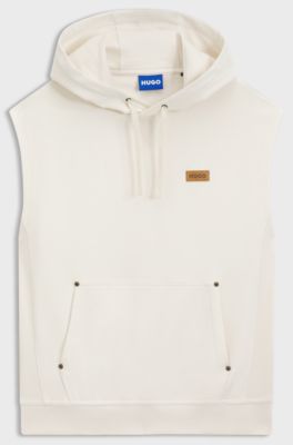 Sleeveless hoodie in cotton terry with logo badge, Natural