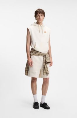 Sweat &agrave; capuche sans manches en molleton de coton avec badge logo, Naturel