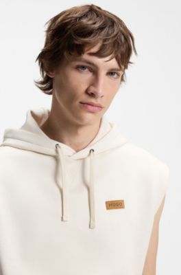 Sweat &agrave; capuche sans manches en molleton de coton avec badge logo, Naturel
