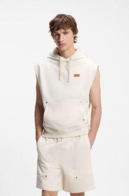 Sweat &agrave; capuche sans manches en molleton de coton avec badge logo, Naturel