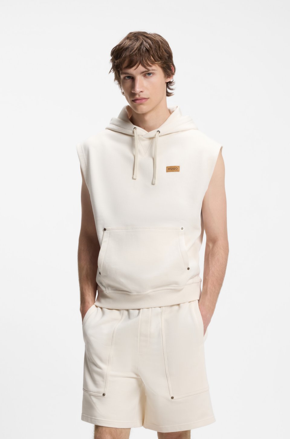Sleeveless hoodie in cotton terry with logo badge