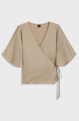 Cupro wrap top with kimono sleeves, Beige