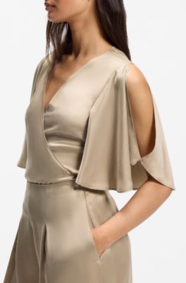 Cupro wrap top with kimono sleeves, Beige