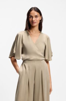 Cupro wrap top with kimono sleeves, Beige