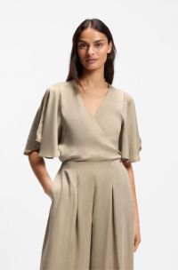 Cupro wrap top with kimono sleeves, Beige