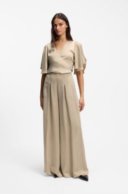 Wide-leg regular-fit trousers with box pleats, Light Beige