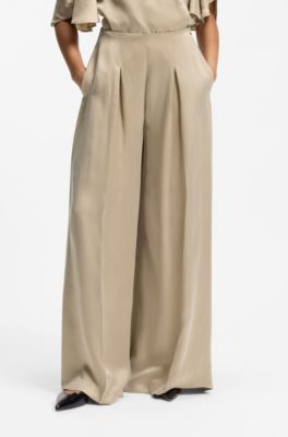 Pantaloni regular fit a gamba larga con pieghe a scatola, Beige chiaro