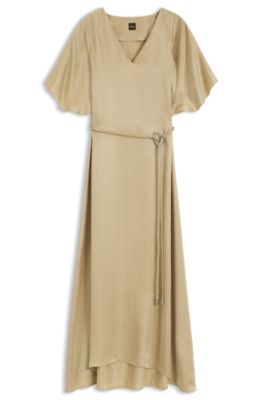 V-neck dress with buckled spaghetti belt, Beige