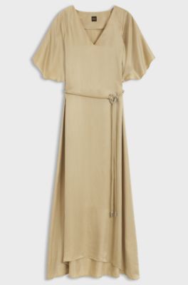 Kleid mit V-Ausschnitt und schmalem G&uuml;rtel mit Schlie&szlig;e, Beige