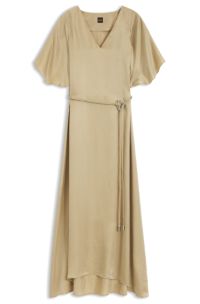 V-neck dress with buckled spaghetti belt, Beige