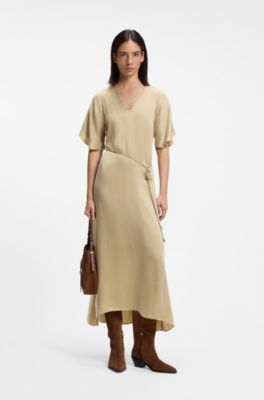 V-neck dress with buckled spaghetti belt, Beige