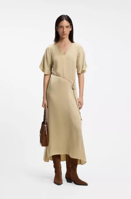 V-neck dress with buckled spaghetti belt