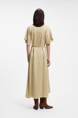 V-neck dress with buckled spaghetti belt, Beige