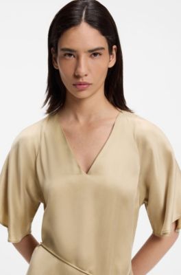 V-neck dress with buckled spaghetti belt, Beige