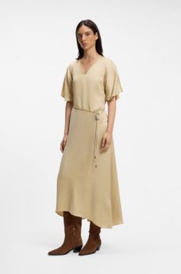 V-neck dress with buckled spaghetti belt, Beige