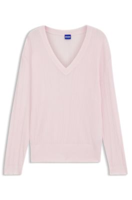 Pull en maille semi-transparente &agrave; col V, Rose clair