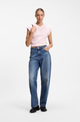 Sleeveless cable-knit sweater in cotton, light pink