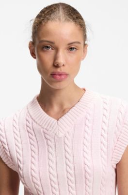 Maglione senza maniche in cotone con lavorazione a trecce, Rosa chiaro