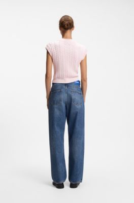 Maglione senza maniche in cotone con lavorazione a trecce, Rosa chiaro