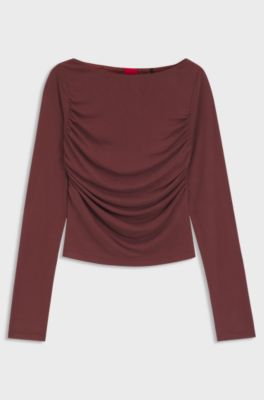 Slim-fit cupro top with modern boatneck, Brown
