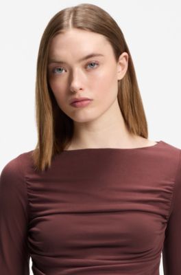 Slim-fit cupro top with modern boatneck, Brown