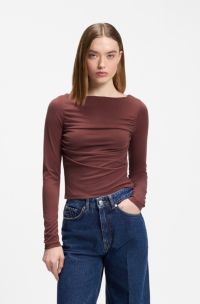 Slim-fit cupro top with modern boatneck, Brown