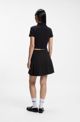 Pleated skirt in stretch cotton with integrated shorts, Black
