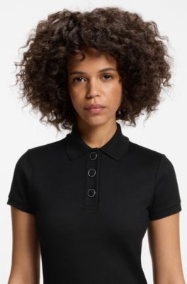 Slim-fit polo shirt with metal buttons, Black