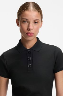 Slim-fit polo shirt with metal buttons, Black