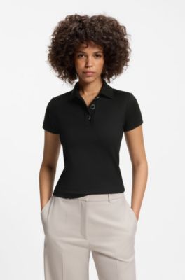 Slim-fit polo shirt with metal buttons, Black